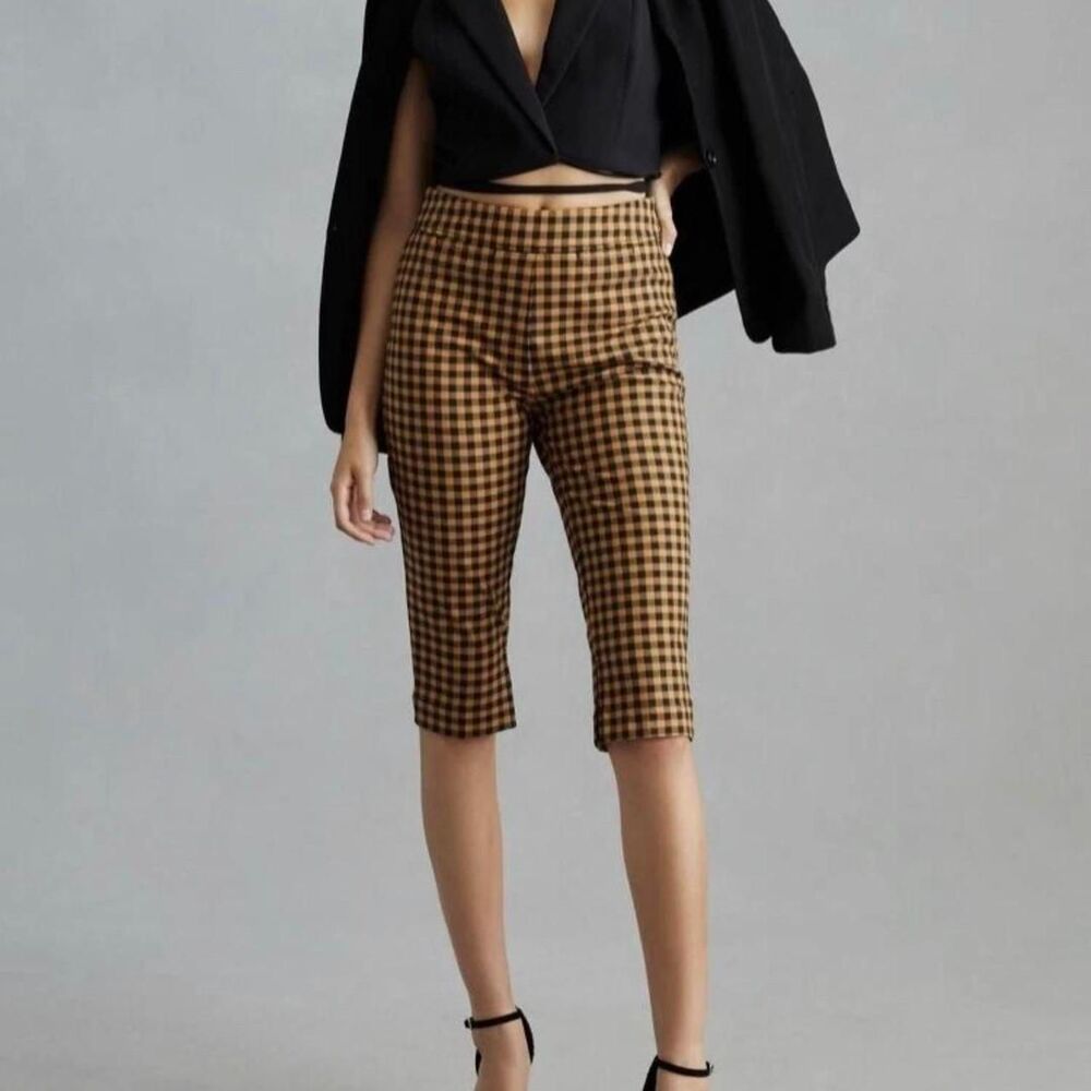 Anthropologie Maeve Knit Biker Capri Pants Black Mustard Yellow Size 6